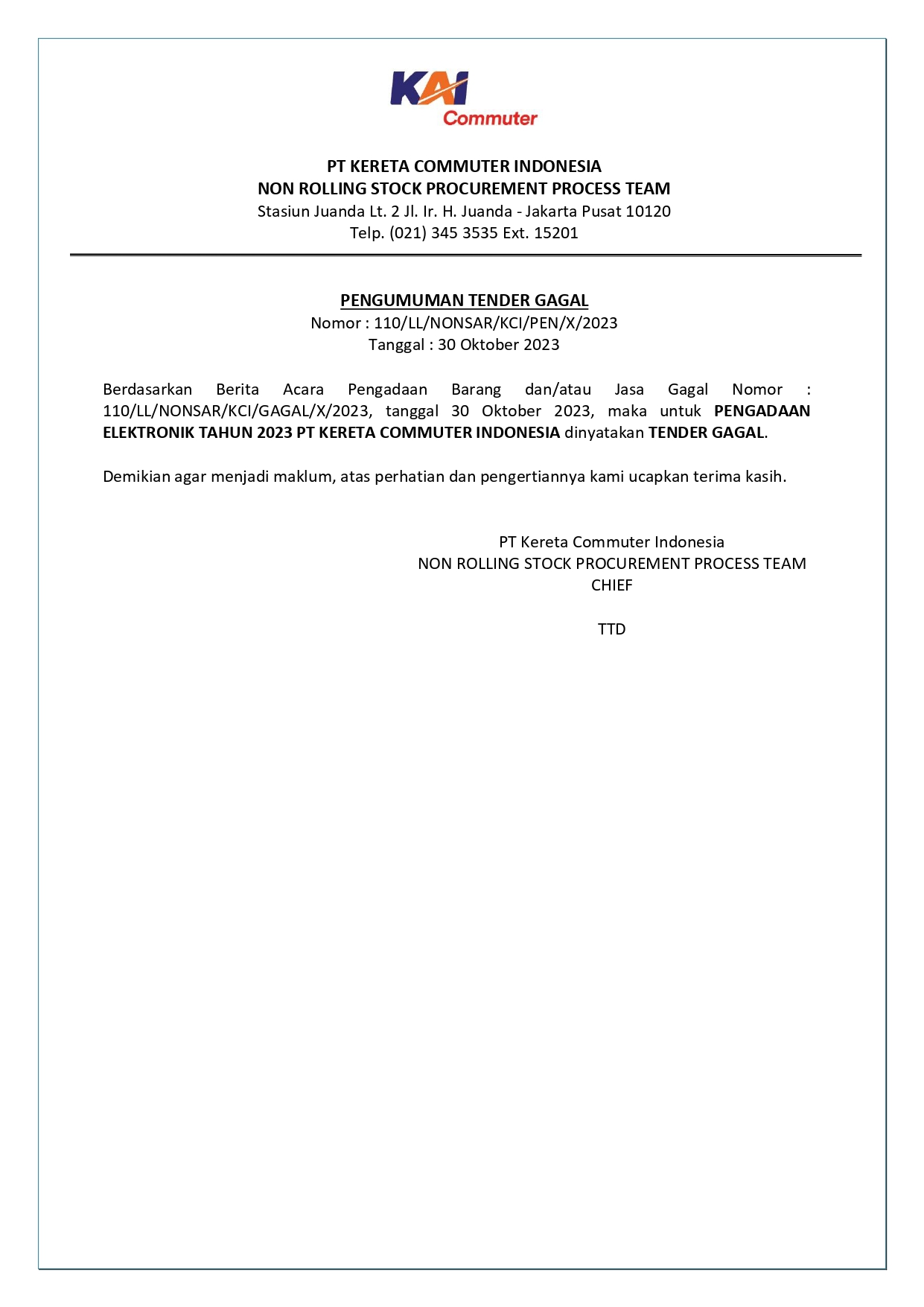 7 pengumuman tender gagal 110 pengadaan elektronik tahun 2023 pt kci page 0001